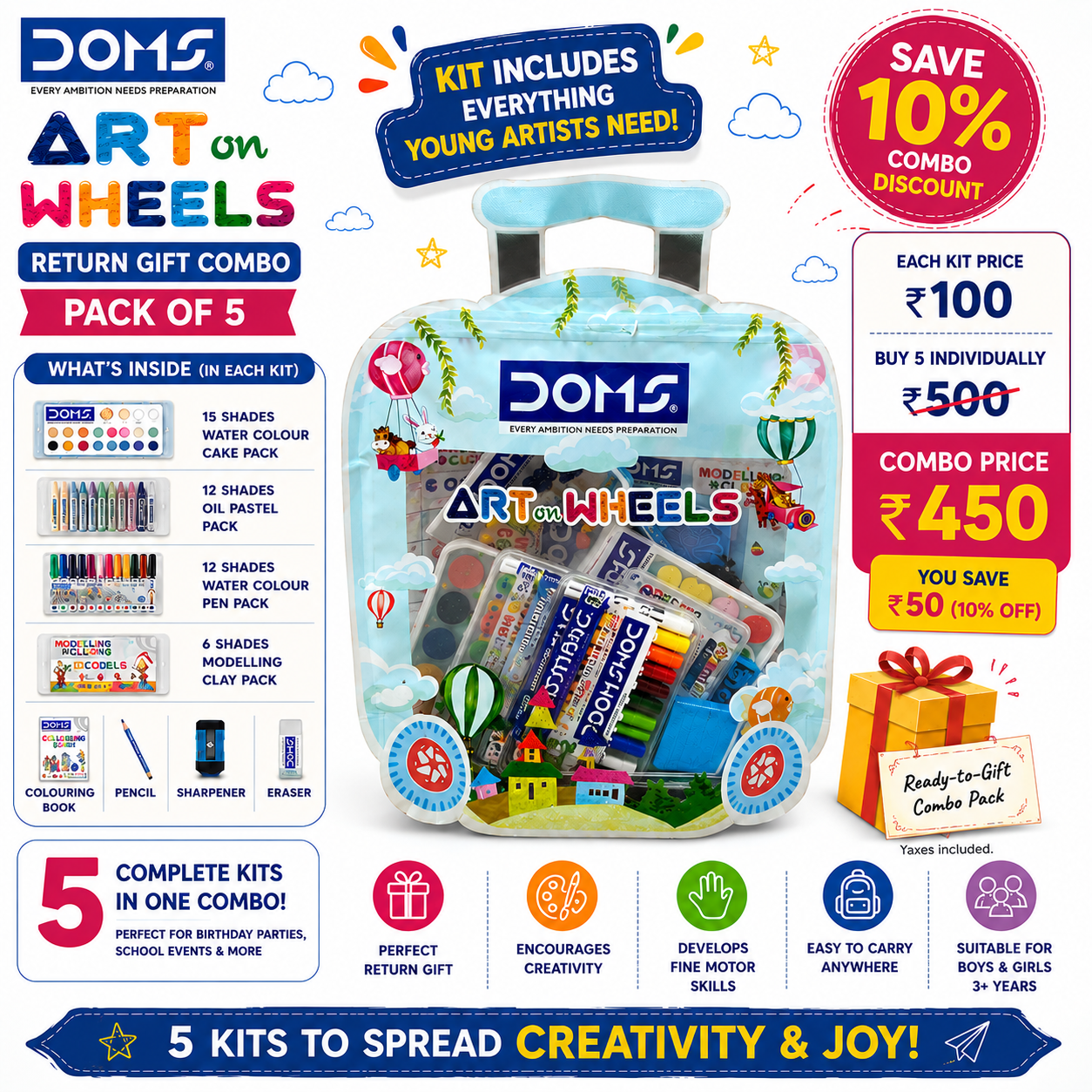 DOMS Art on Wheels art kit packaging with colorful design and product details.