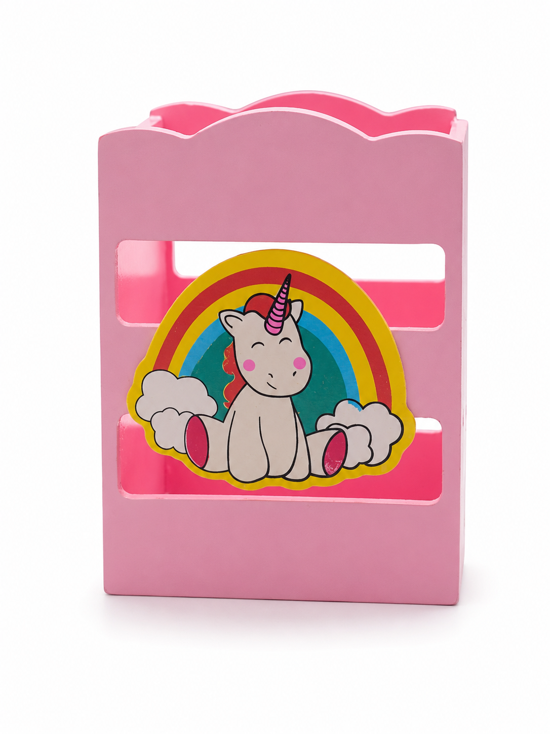 Pink children's toy box with a unicorn and rainbow design on a white background