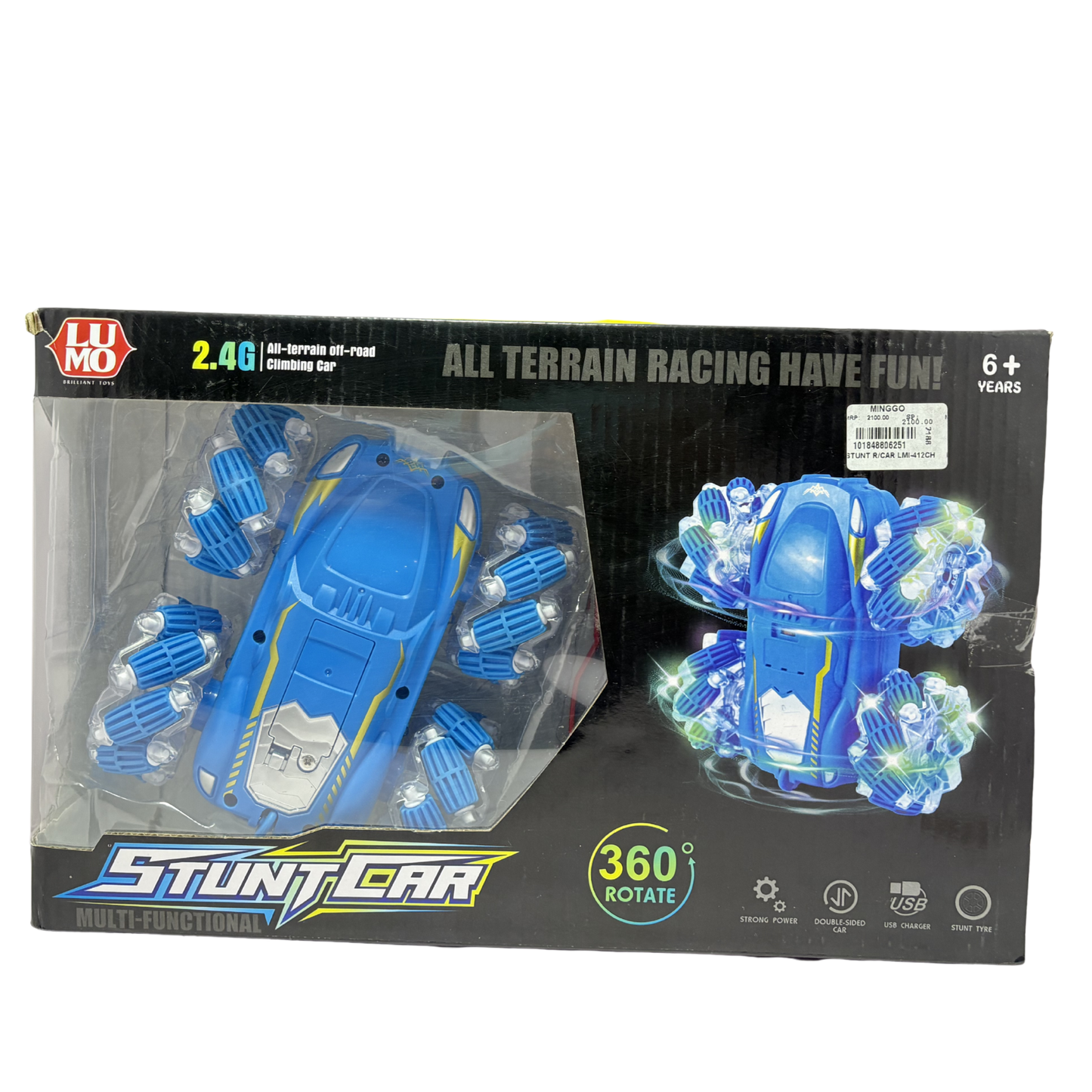 Packaged blue toy car with LED lights on a black background