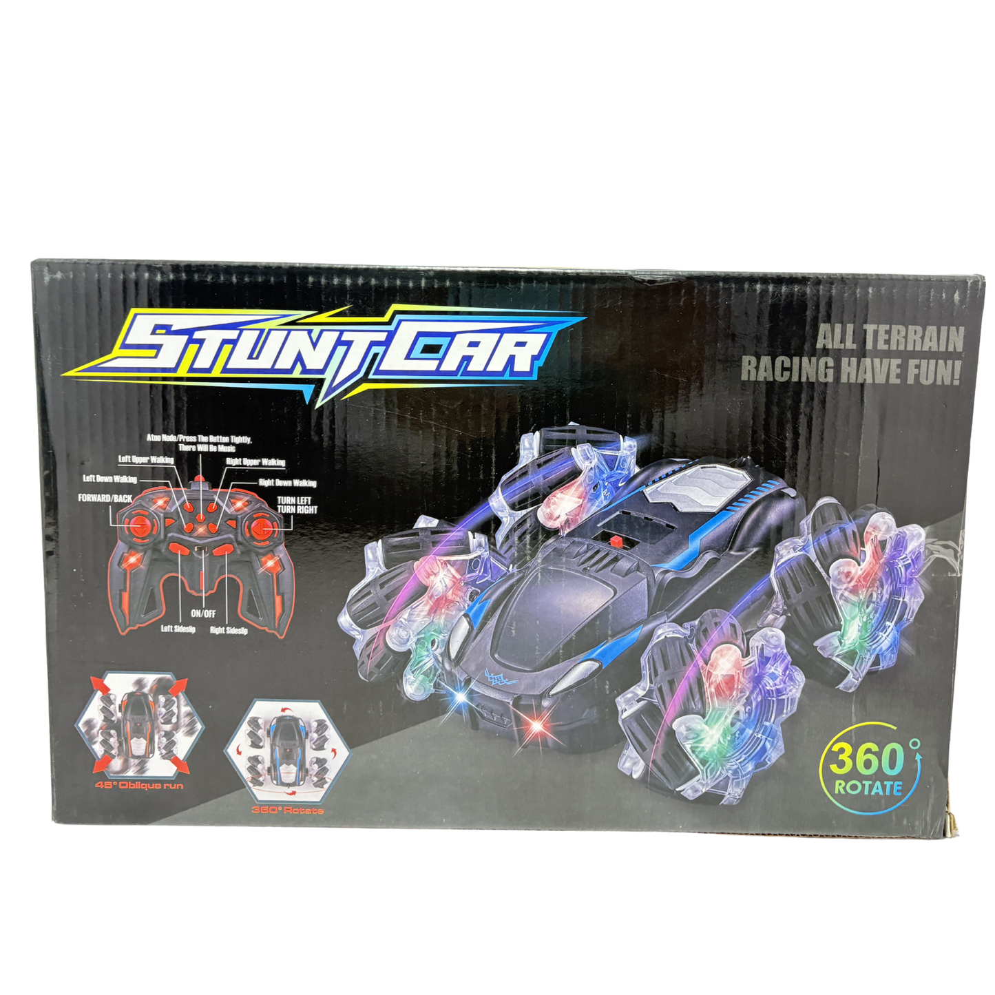 Boxed toy stunt car with colorful lights and dynamic design on a black background
