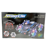 Boxed toy stunt car with colorful lights and dynamic design on a black background
