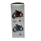 Box with toy motorcycle models on a white background