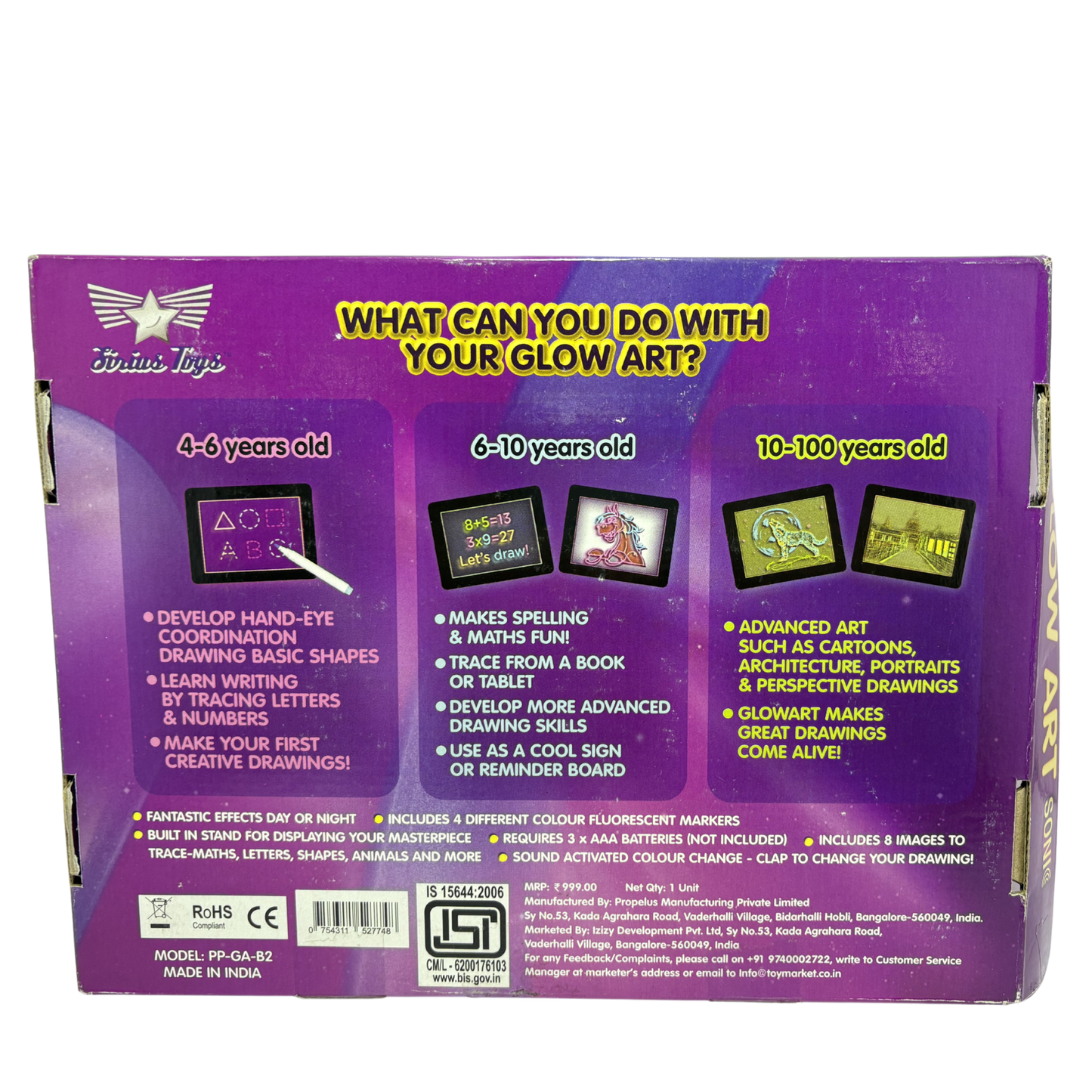 Back of a toy packaging with text and graphics on a purple background