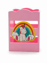 Pink children's toy box with a unicorn and rainbow design on a white background