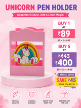 Pink unicorn pen holder with promotional pricing and features on a pink background
