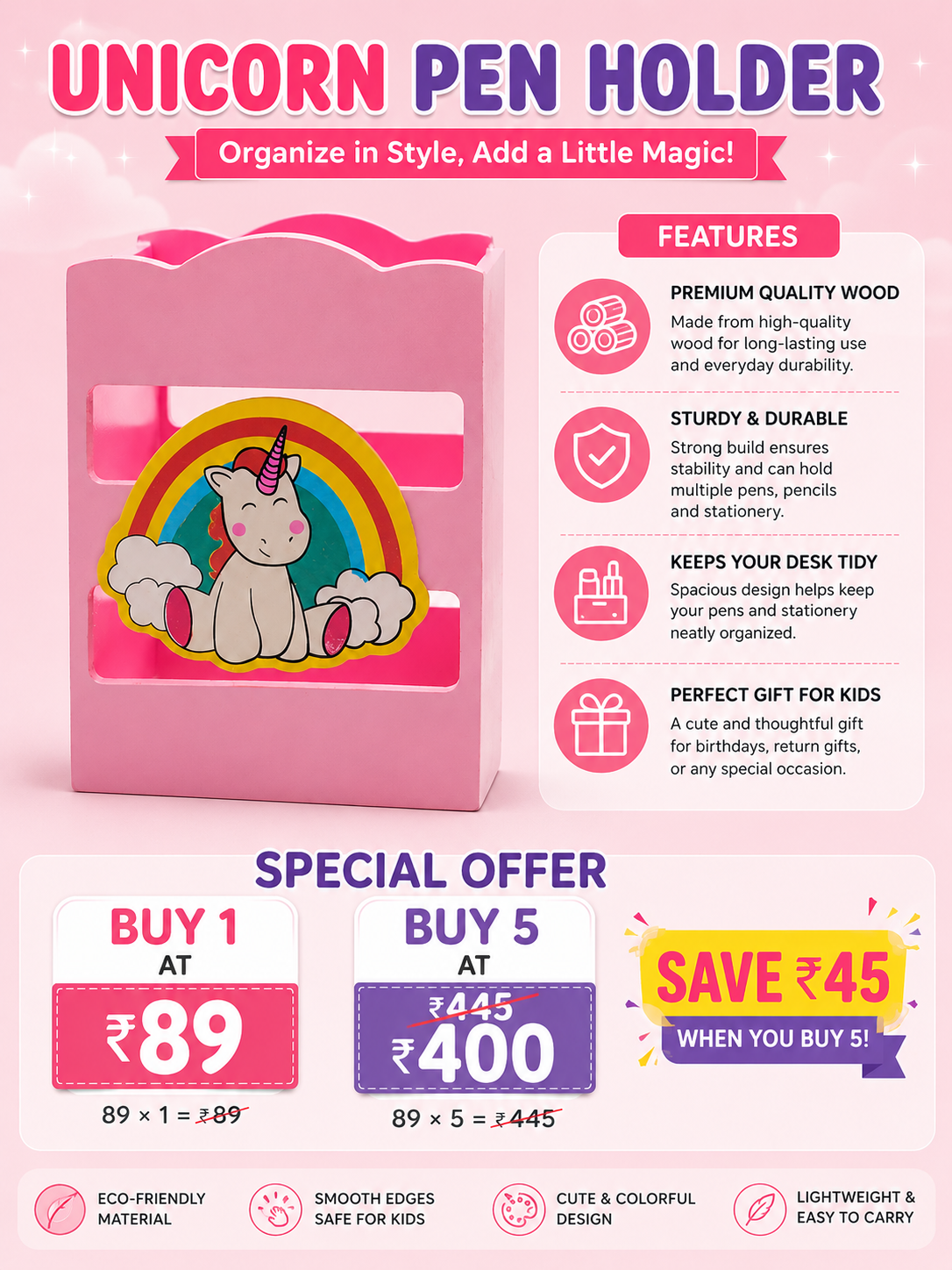 Pink unicorn pen holder with features and special offer on a pink background