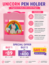 Pink unicorn pen holder with features and special offer on a pink background