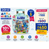 DOMS Art on Wheels educational toy set packaging with promotional text and graphics.
