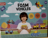 Funskool foam vehicles packaging with a child holding toys against a colorful landscape background.