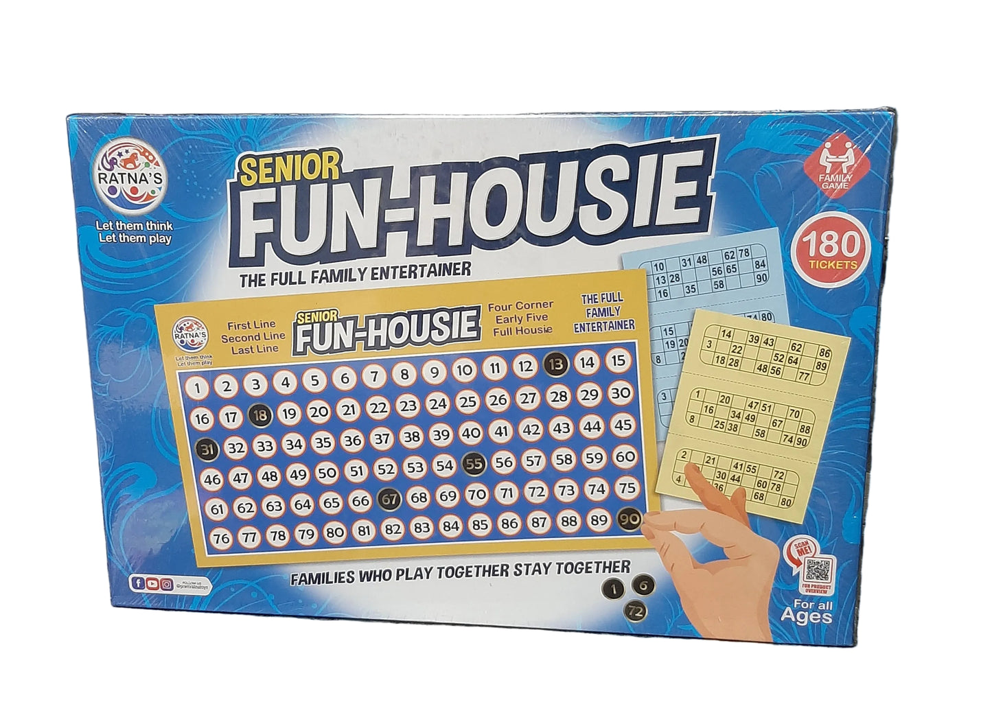 Funhouse senior game box on a dark textured surface